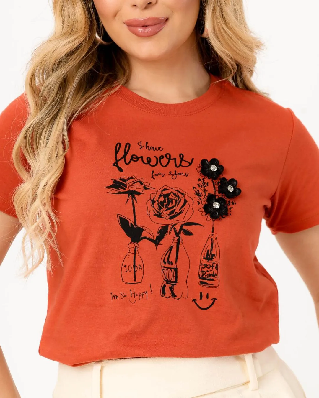 T-SHIRT FLOWERS FOR YOU APLICACAO PEDRARIA